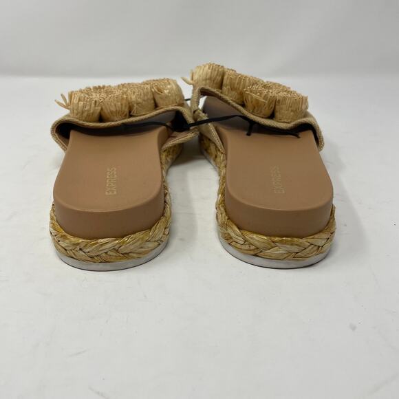 EXPRESS Slides Sandals 7 Tan Woven Flower Slip On Espadrille Beach Summer Boho - Picture 7 of 7